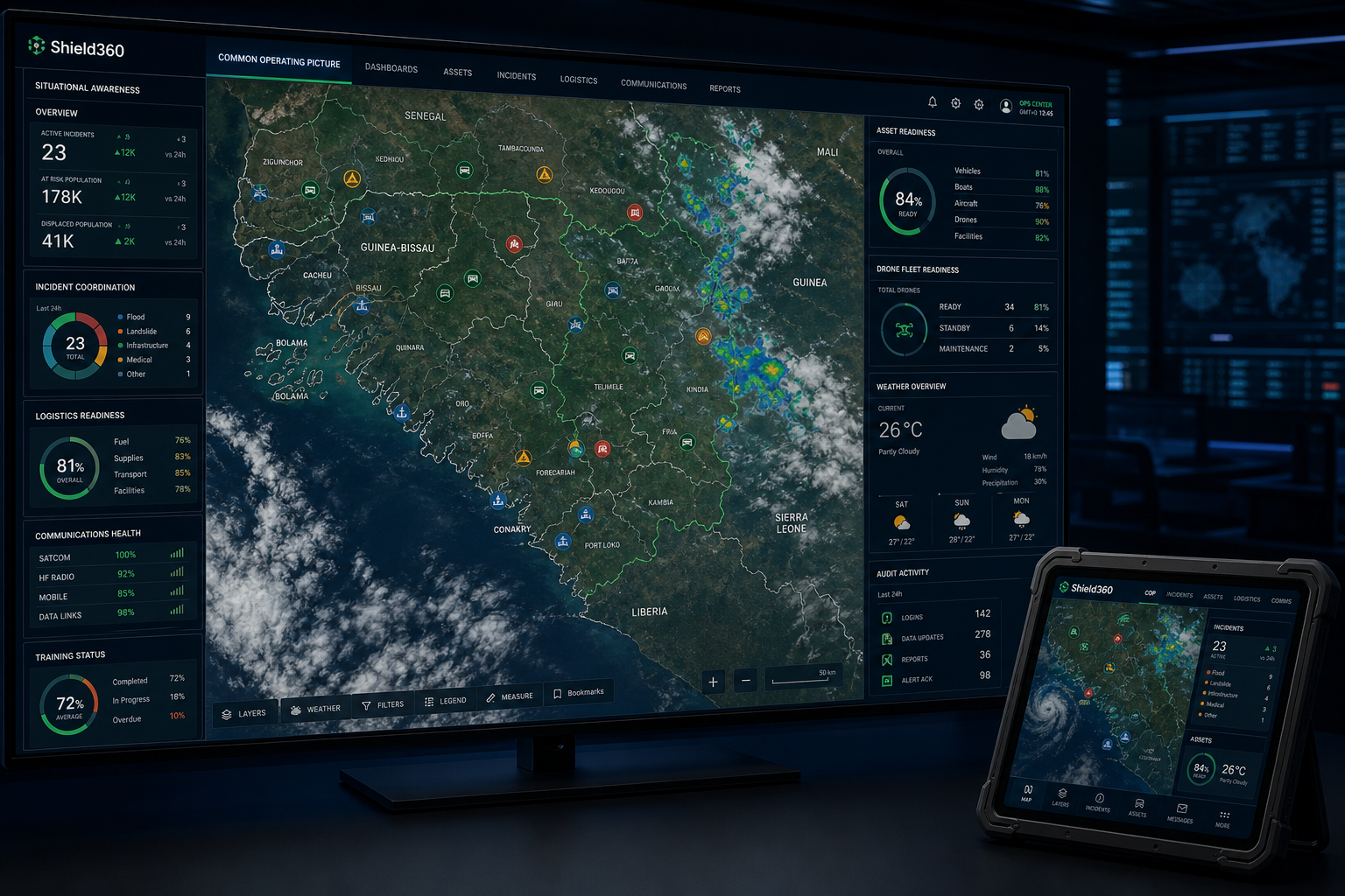 Shield360 common operating picture with satellite imagery, incidents, readiness and logistics